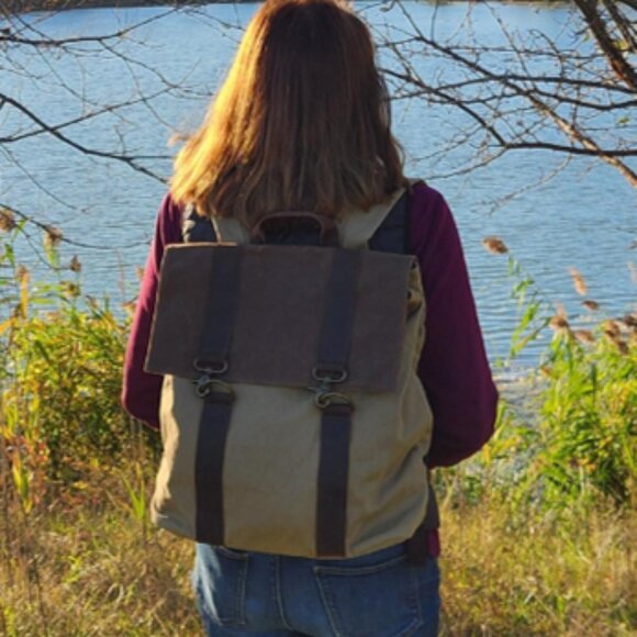Waterproof Canvas Leather Unisex Backpack handmade by RockCow. - Picture 4 of 4